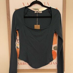 Dark Green Ribbed Long Sleeve Top